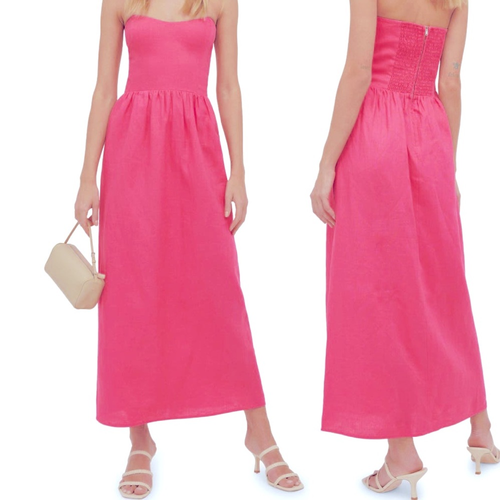 Reformation Fettuccini Linen Strapless Dress in Snapdragon Pink, US Size 8